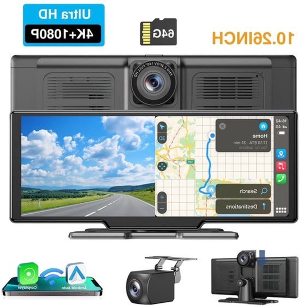 Dashcam – Auto Camera – Multimediasysteem – Recorder – Achteruitrijcamera – 10,26 Inch IPS Touchscreen – 4K Voorcamera & 1080p Achtercamera – Draadloze CarPlay & Android Auto – 64GB Geheugenkaart — afbeelding 1