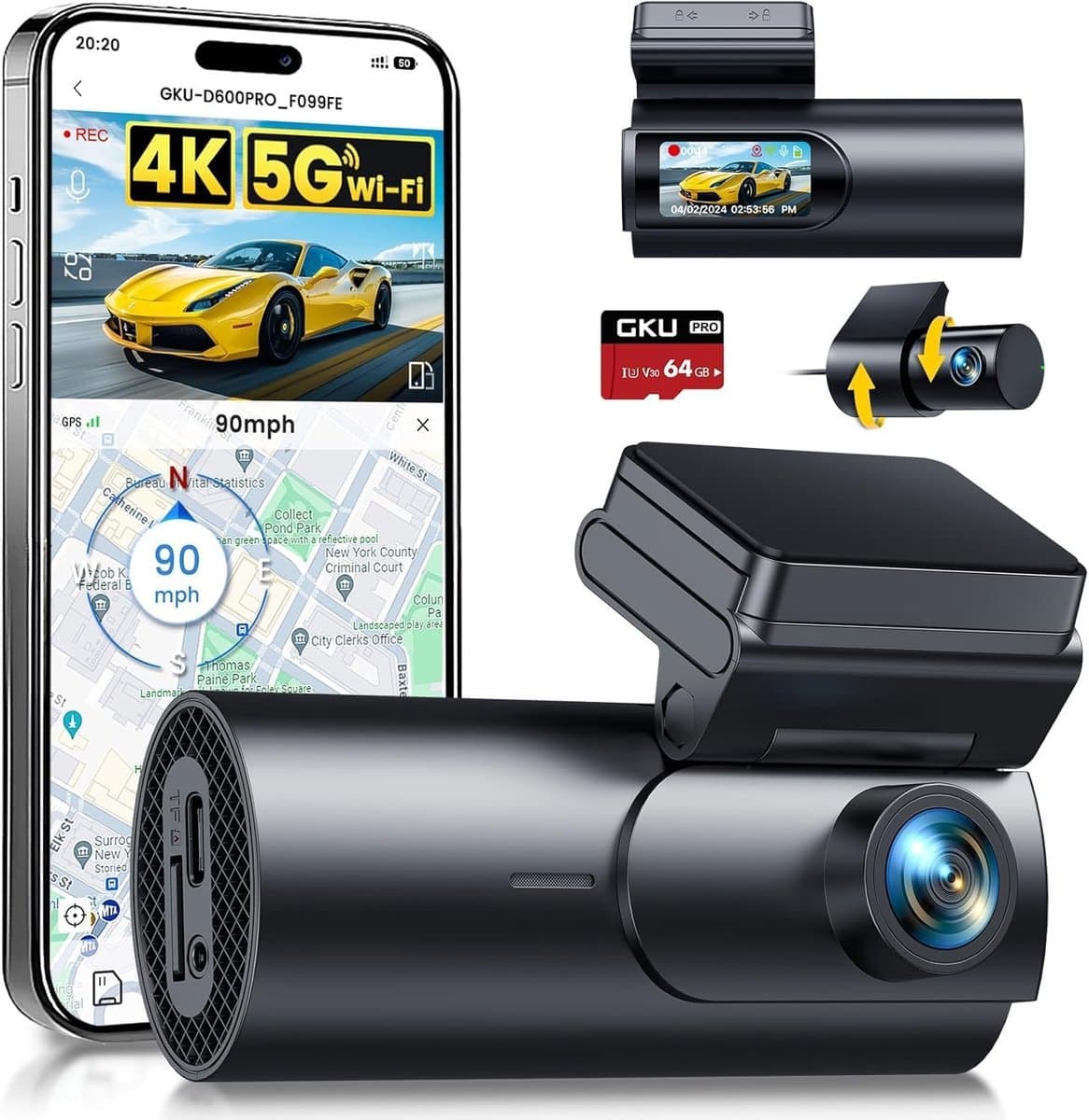Dashcam Auto 4K Voor en Achter – 5GHz WiFi, GPS, Nachtzicht, 64GB SD-kaart, 170° Groothoek Camera — afbeelding 1