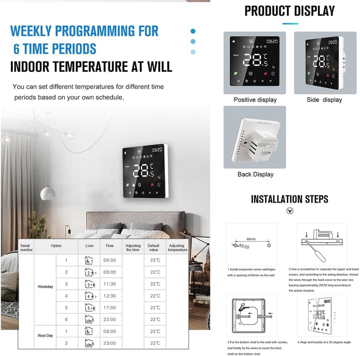 Slimme Thermostaat - Wifi Thermostaat - Energie Besparen - App & Spraakbediening - 86 x 86 mm - Zwart — afbeelding 1