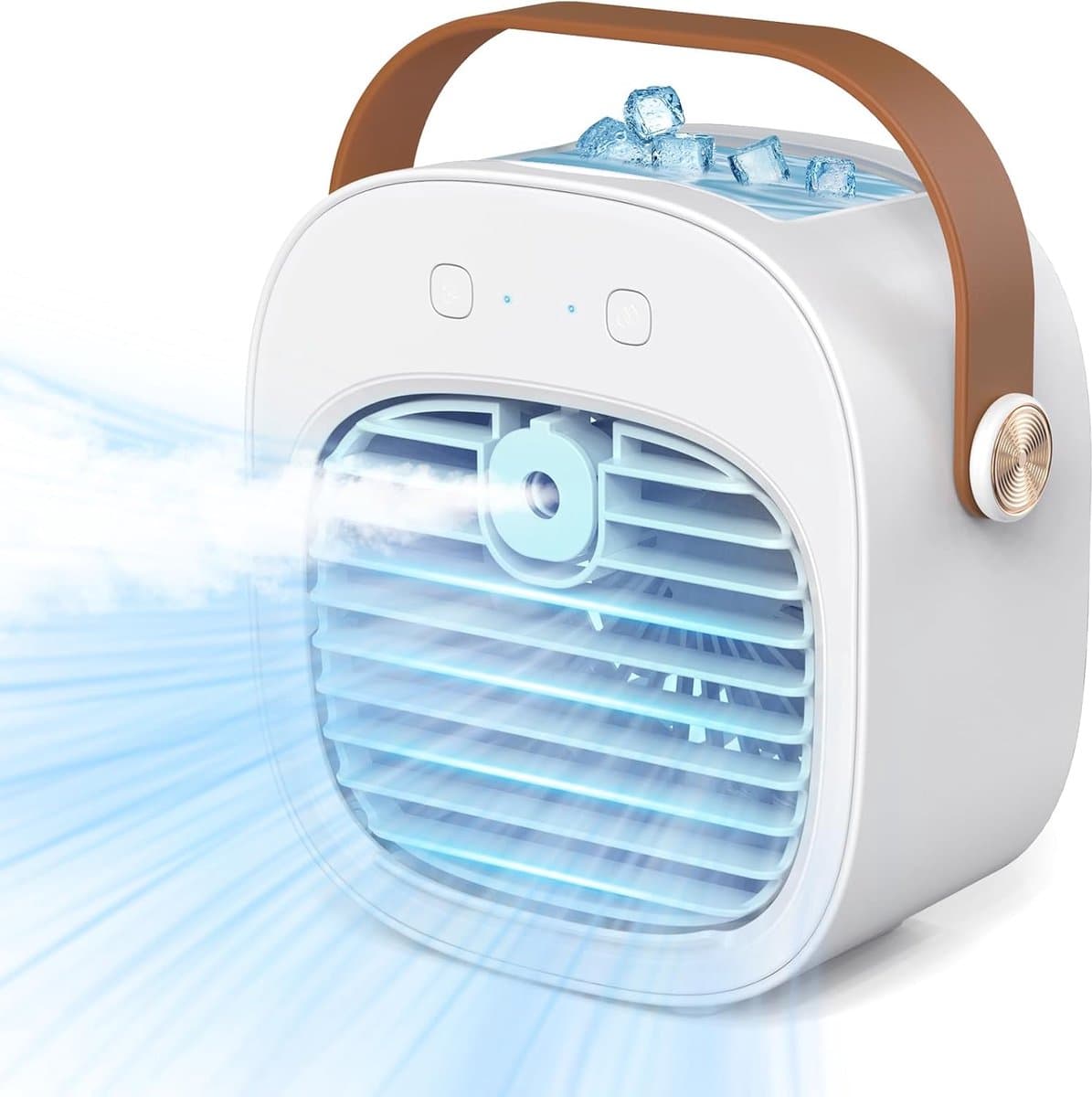 Draagbare airco – Oplaadbare mini-airco – Instelbaar in 3 snelheden – Stille tafelventilator – Persoonlijke luchtkoeler voor thuis, slaapkamer, reizen, kantoor en buitengebruik – Wit — afbeelding 1
