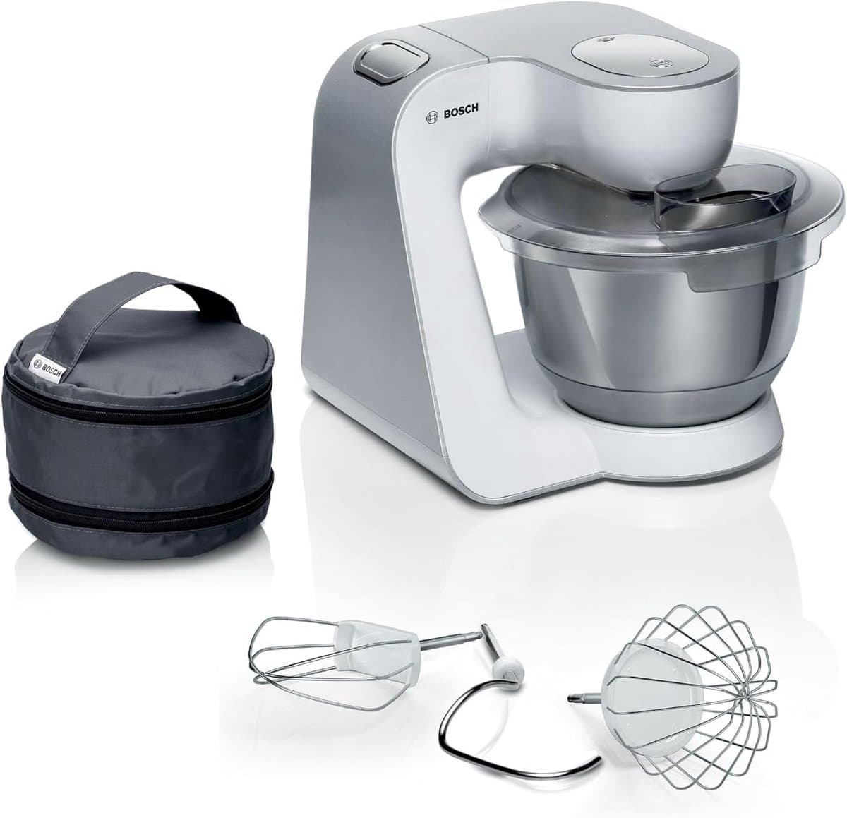 SnelShoppen - Keukenmachine 4 MUM58200, Kneedhaak, Roer- en Garde, Roestvrij Staal, 3D Roersysteem, 3,9L Kom, Wit/Zilver, Ideaal voor Bakken en Koken — afbeelding 1