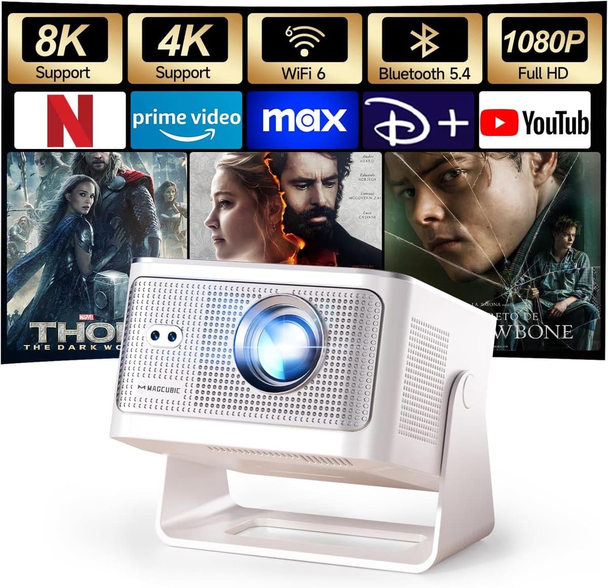 SnelShoppen - Mini Projector 4K & 8K Ondersteuning - 1080P Full HD Beamer - Draaibaar 180° - Auto Focus & Keystone - Wifi 6 & BT 5.4 - Ideaal voor Sla — afbeelding 1