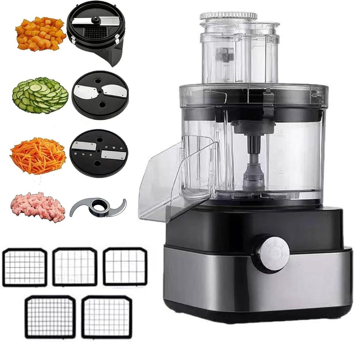 Voedselprocessor - Groentesnijder Hakker - Maaltijden Voorbereiden - 10mm en 13mm dobbelsteenschijven - 5L - Zilver — afbeelding 1