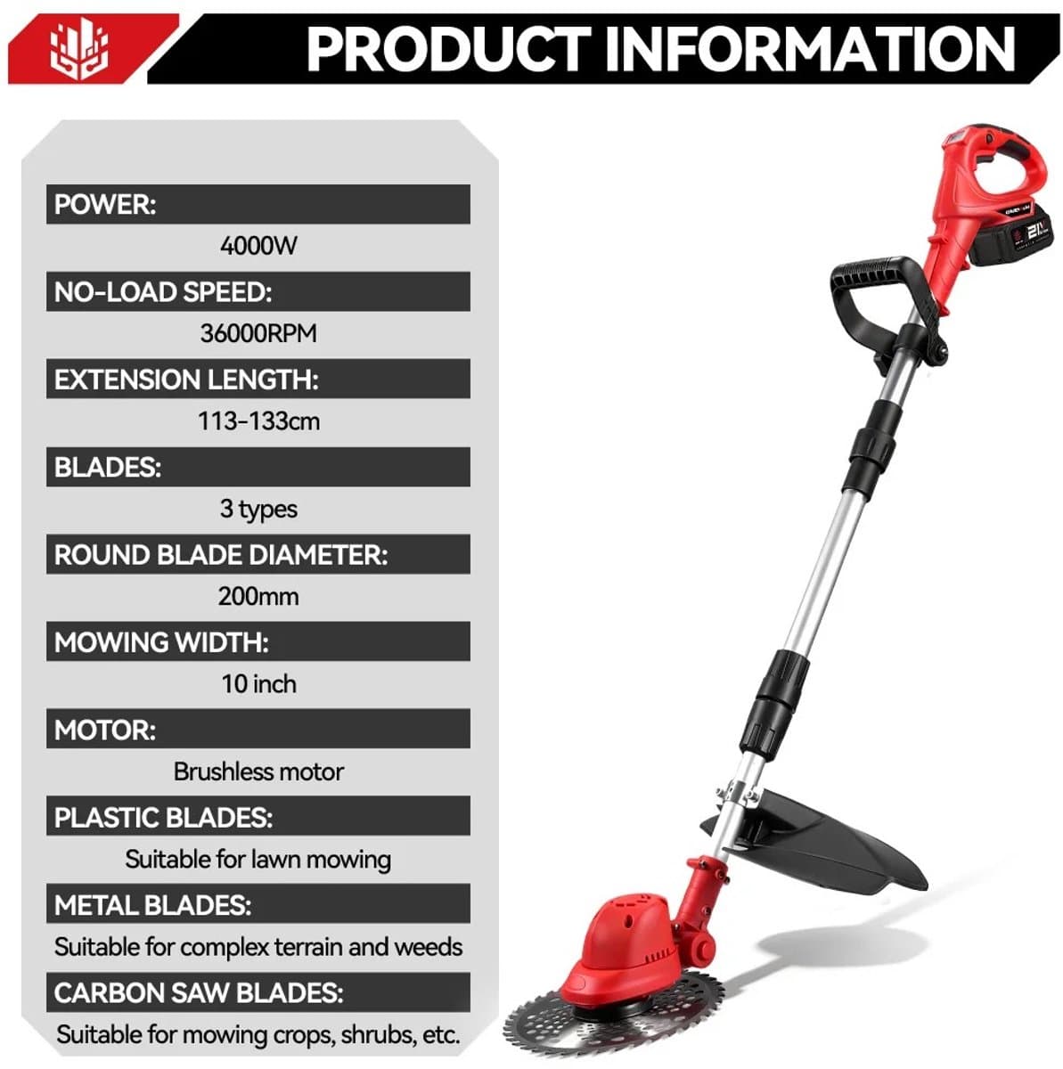 Cventrix Borstelloze elektrische grasmaaier, Grasmaaier, Electrische grasmaaier, 10 inch, Grastrimmer, 4000W, Inclusief Accu en oplader. — afbeelding 1