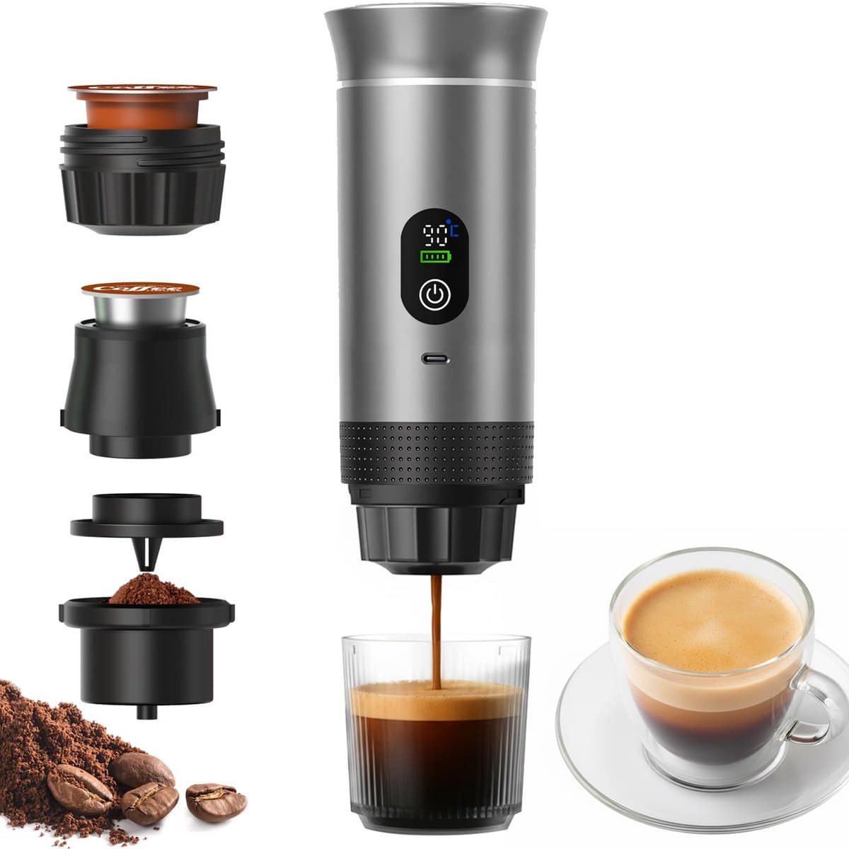 Fokelyi - Draagbare Elektrische Espressomachine - Capsule Koffie - Gemalen Koffie - Espresso - Oplaadbaar - Mini - 60ml - Grijs — afbeelding 1