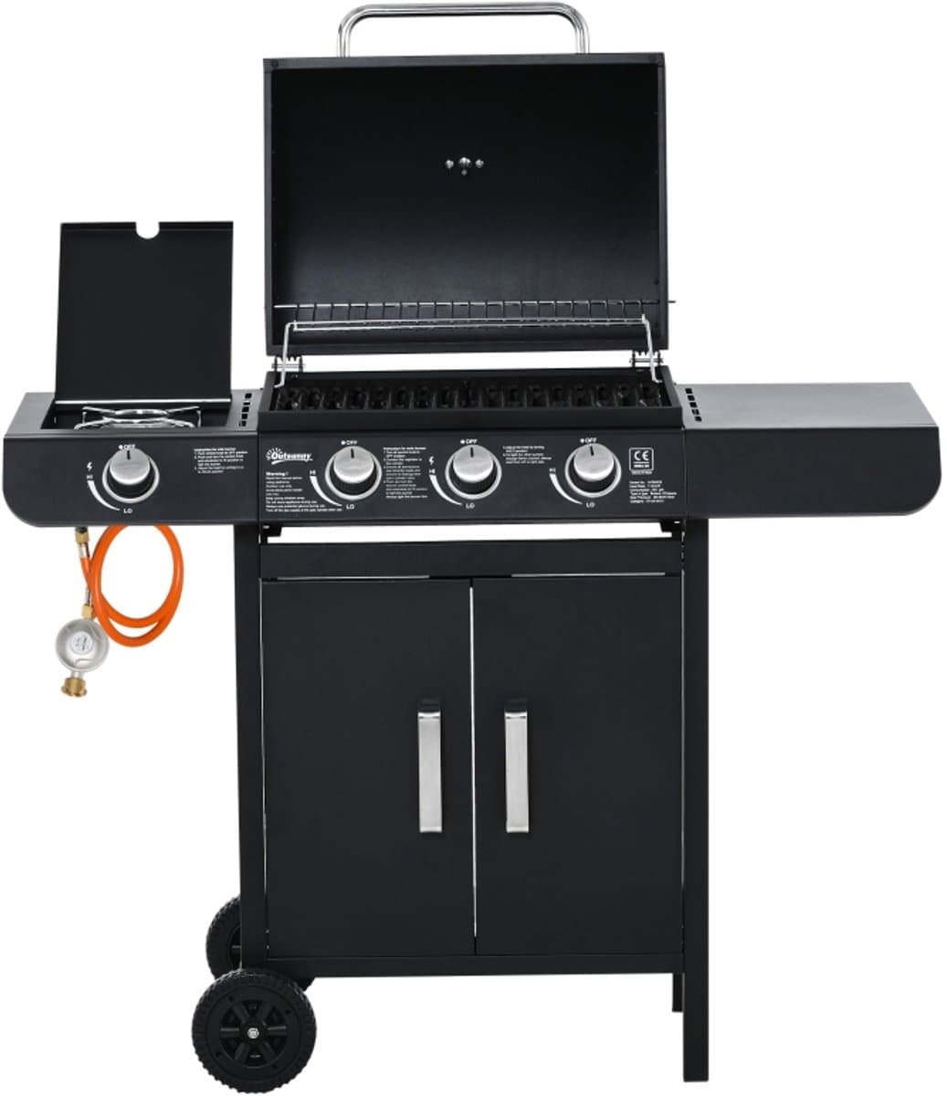 Gasgrill met 3 Branders en 1 Zijbrander, 110x50x100 cm, Stalen BBQ Wagen met Thermometer en Opbergruimte, Zwart — afbeelding 1