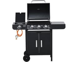Gasgrill met 3 Branders en 1 Zijbrander, 110x50x100 cm, Stalen BBQ Wagen met Thermometer en Opbergruimte, Zwart