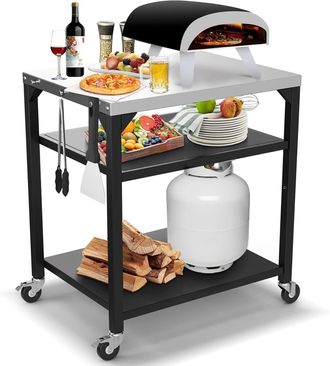 Multifunctionele Pizza Tafelwagen voor Buiten, Grote Keukeneiland met Wielen, Roestvrijstalen Grillstand en Trolley voor BBQ en Grillaccessoires — afbeelding 1