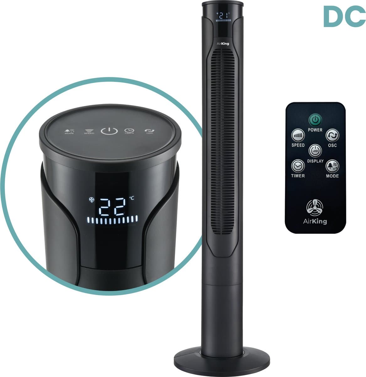 AirKing Torenventilator 117cm extra stille DC motor 12 standen met afstandsbediening - Ventilator staand met Dimbaar LED scherm Zwart AKTN117BK-DC — afbeelding 1