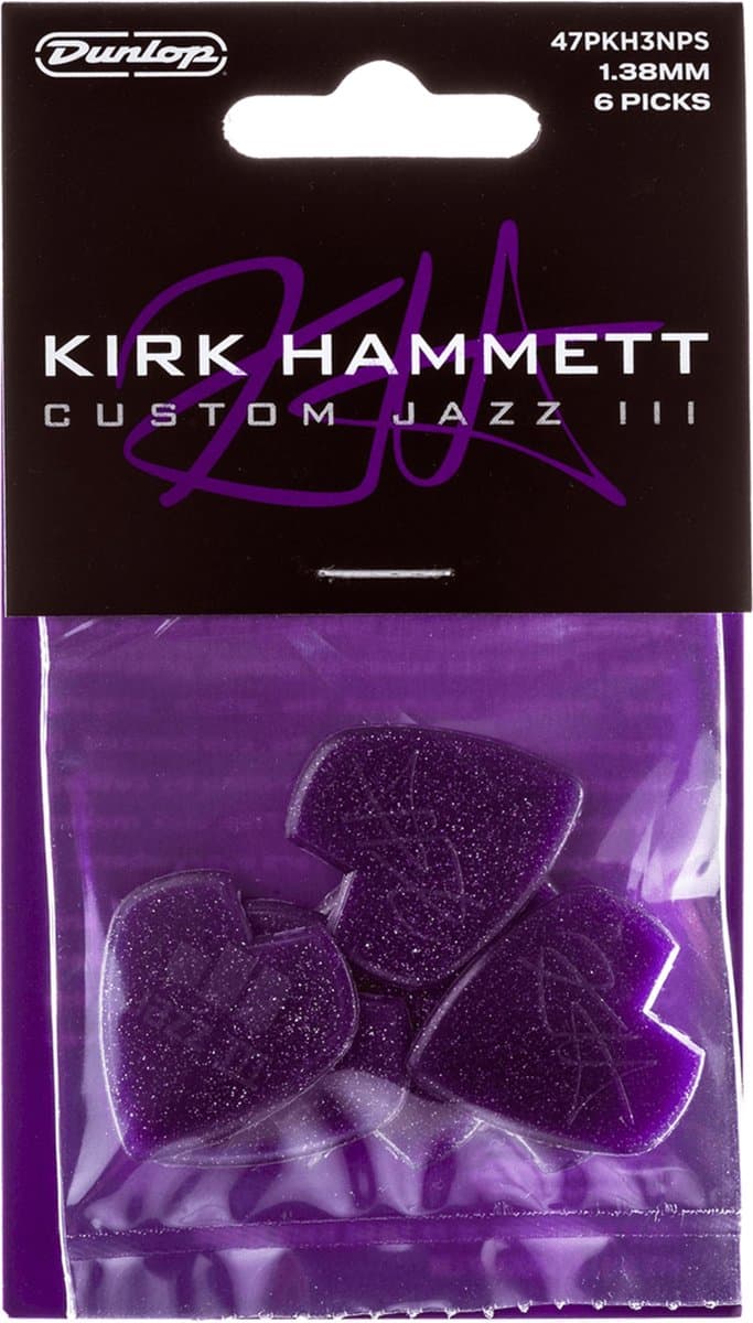 Jim Dunlop Signature - Plectrums - Kirk Hammett Jazz III - Purple Sparkle - Player's Pack 6 Stuks — afbeelding 1