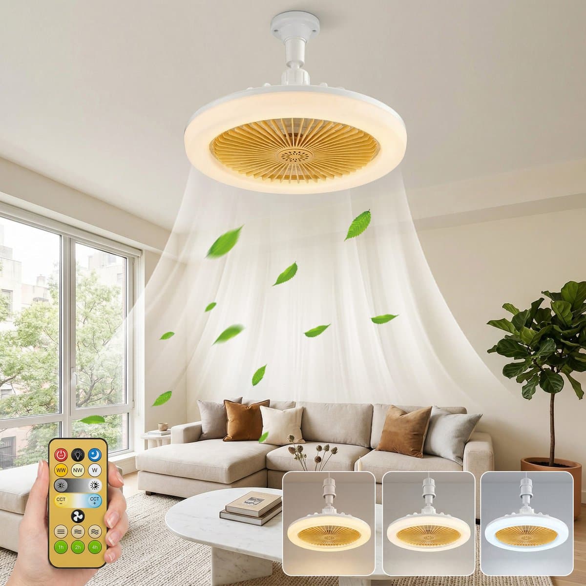 MUPOO Plafond ventilator met LED verlichting E27 Fitting met 360° Draaibaar - APP & Afstandsbediening -Eenvoudige Installatie -Snel te Installeren - 3 Snelheden & Dimbaar - Mini lamp ventilator plafond Voor Slaapkamer & Keuken -Geel — afbeelding 1