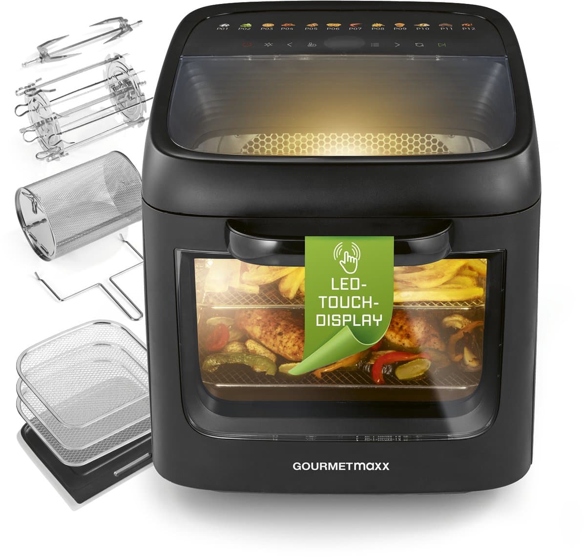GOURMETmaxx heteluchtoven met panoramadak en voorruit 12,5 l | Heteluchtfriteuse met 9 functies | Airfryer, friteuse en minibakoven in één | voor max. 8 personen | Heteluchtfriteuse met kleurpictogrammen — afbeelding 1