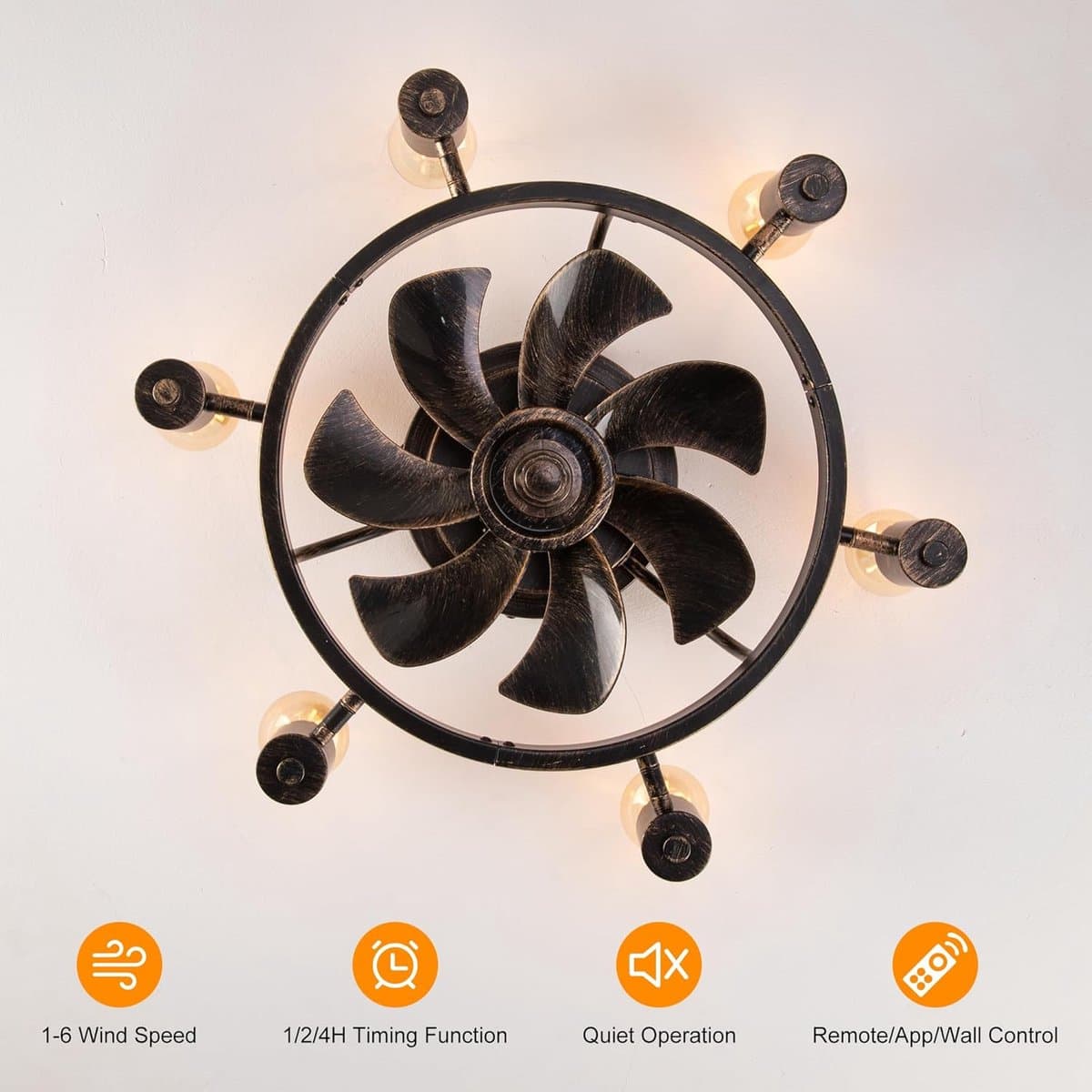 Plafondventilator met Verlichting en Afstandsbediening - 52cm Laag Profiel, Rustiek Industriële Ventilator voor Slaapkamer en Keuken — afbeelding 1