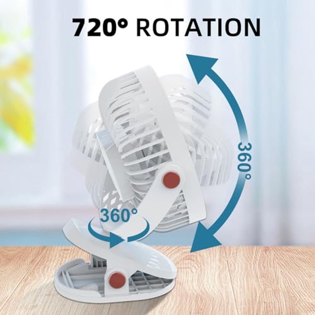 Draagbare Klemventilator met 5 Snelheden en 720 Graden Draaibaar, Oplaadbaar en Stil voor Thuis en Kantoor — afbeelding 1