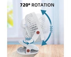 Draagbare Klemventilator met 5 Snelheden en 720 Graden Draaibaar, Oplaadbaar en Stil voor Thuis en Kantoor
