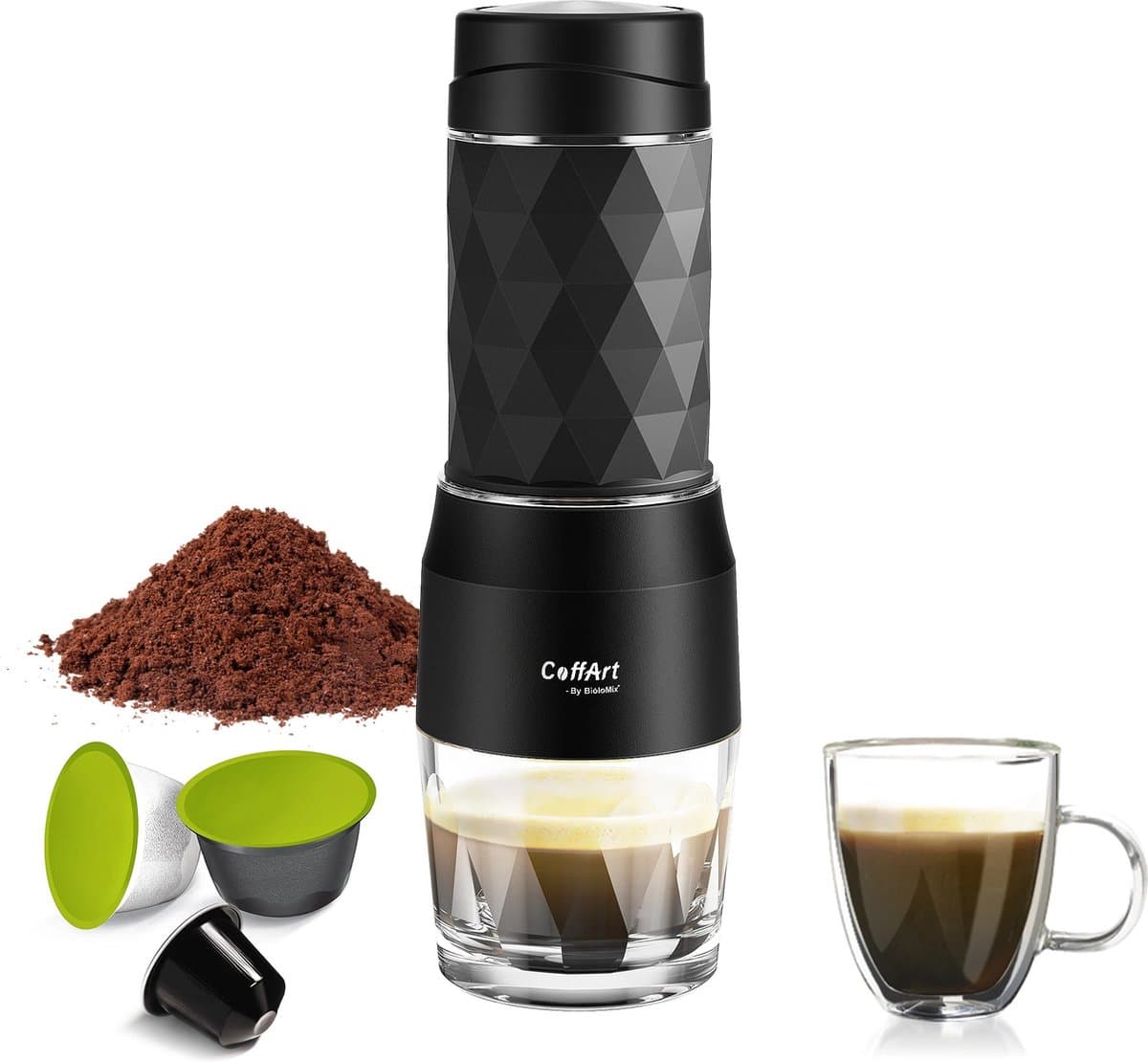 Draagbare Koffiemachine - Espressomachine - Voor Nespresso, Dolce Gusto Cups en Filterkoffie - 20 Bar - Handpers - Voor Op reis/Camping - Zwart — afbeelding 1