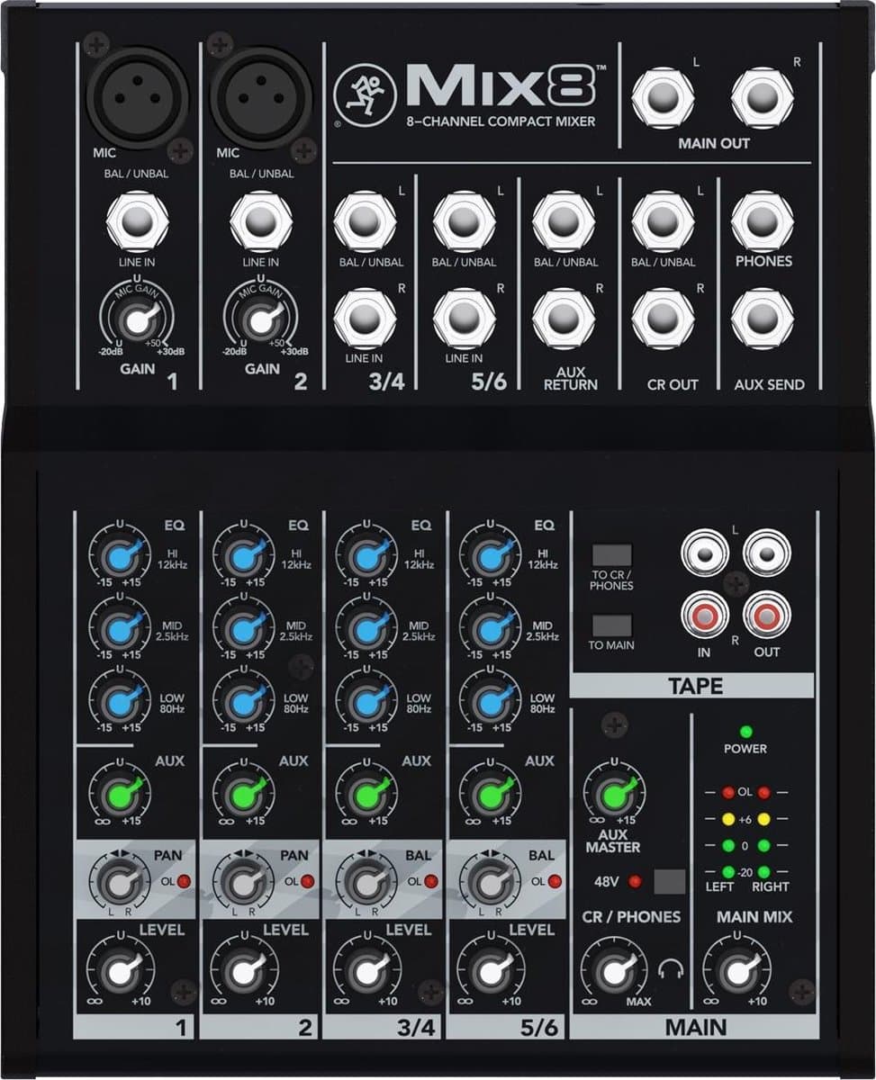 Mackie Mix8 4-kanaals mengpaneel met 2 microfooningangen, 3-bands EQ en aux send — afbeelding 1