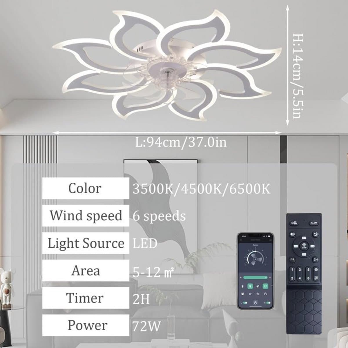 Moderne grote plafondventilator met dimbare verlichting en afstandsbediening — afbeelding 1