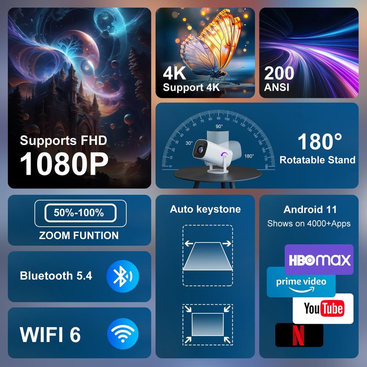Draagbare Beamer 1920 x 1080 LCD - Wi-Fi 6 Bluetooth 5.4 - 1800 ANSI Lumen - Compact 9x9x19 cm - Voor Thuisbioscoop — afbeelding 1