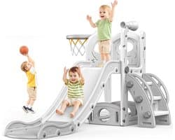 Kinderglijbaan, grote peuterglijbaan met basketbalhoepel, glijbanen voor peuters van 1-3 jaar, peuterglijbanen, speelset met opbergruimte, speelgoed voor binnen en buiten voor peuters van 1-3