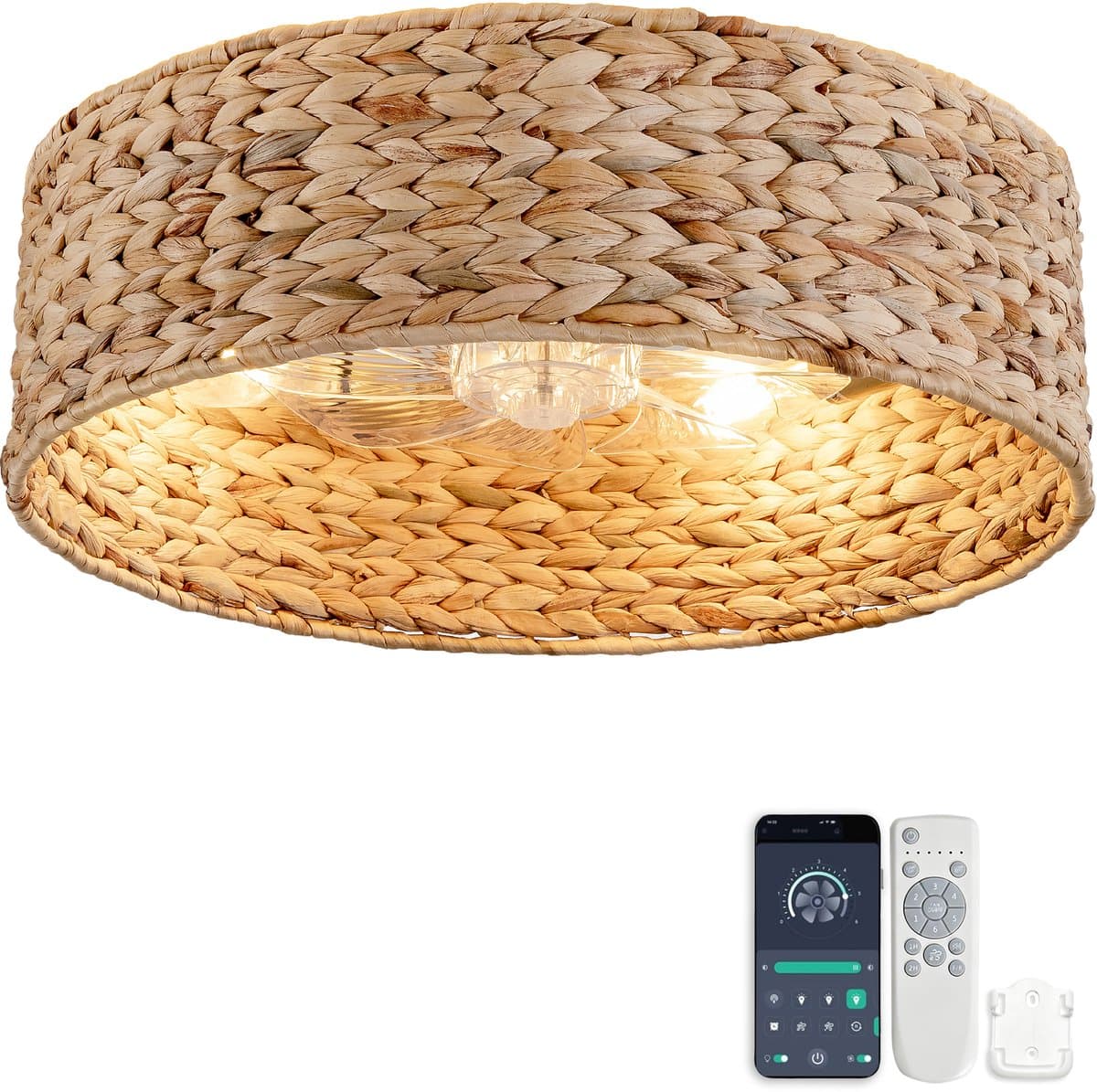 19-inch Inbouwventilatorlamp met ABS-bladen in Rotan-design - Dubbele bediening via app en afstandsbediening - 6 ventilatorsnelheden - Inbouwmontage - ABS-bladen met rotanlook - Ideaal voor kleine slaapkamers, minimalistische rustieke stijl — afbeelding 1