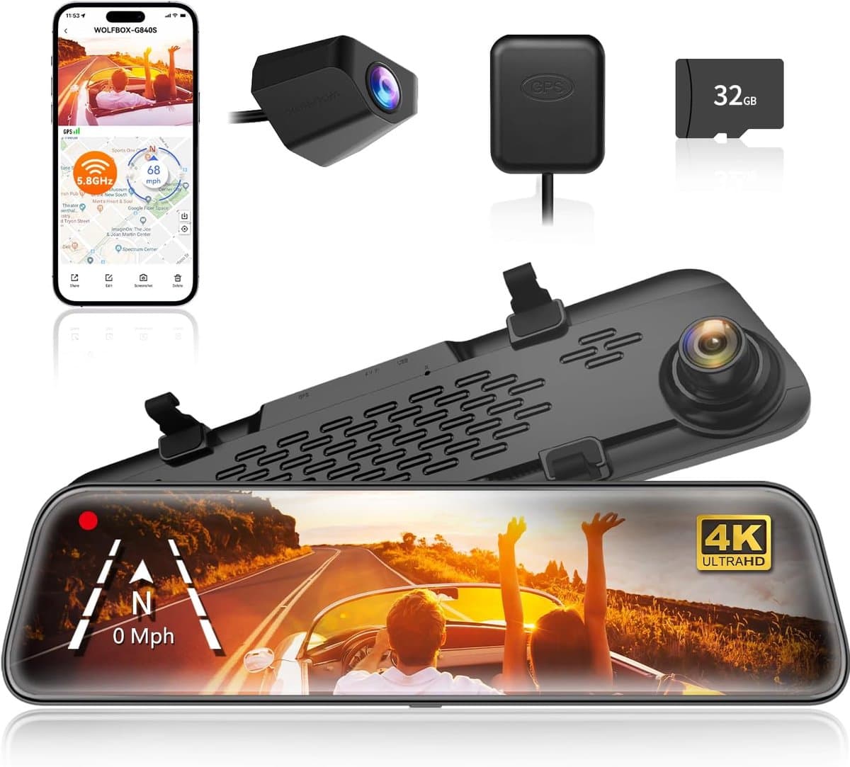 SnelShoppen - Mirror Dash Cam Achteruitkijkspiegel 12" IPS Touch Screen 2160P HD Dual Lens Nachtzicht met Gratis 32GB TF-kaart - Slimme Auto & Vrachtw — afbeelding 1