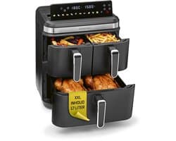 GOURMETmaxx FryUp3 Verticale heteluchtfriteuse, 3 kamers, heteluchtfriteuse XXL, 17 liter, airfryer met multi-colour inklapbaar touchdisplay, Air Fryer friteuse voor 12 personen, 12