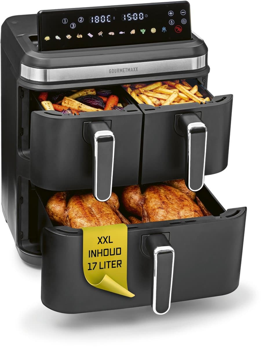 GOURMETmaxx FryUp3 Verticale heteluchtfriteuse, 3 kamers, heteluchtfriteuse XXL, 17 liter, airfryer met multi-colour inklapbaar touchdisplay, Air Fryer friteuse voor 12 personen, 12 — afbeelding 1