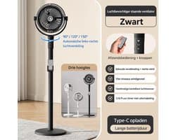 Luchtbevochtigende Statiefventilator met Afstandsbediening - Draadloos Oplaadbaar - 4 Windsnelheden - 3 Hoogtes - Vernevelfunctie - Timer 3/6/9 Uur - USB-C - Zwart