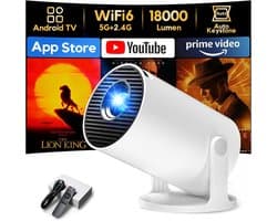 SnelShoppen - Mini Beamer 1080P met Android TV, WiFi 6 & Bluetooth 5.2, Compacte Projector met 180° Rotatiefunctie voor Feest, Camping en Thuisgebruik