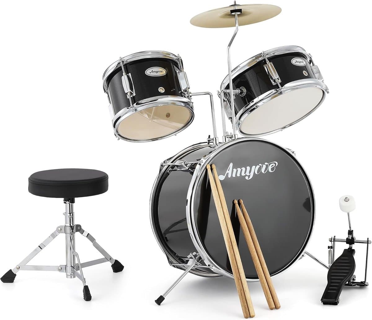 Compleet 3-Delig Kinder Drumstel - Zwart - Inclusief Krukje, Pedaal en Drumstokken - Voor Beginners — afbeelding 1