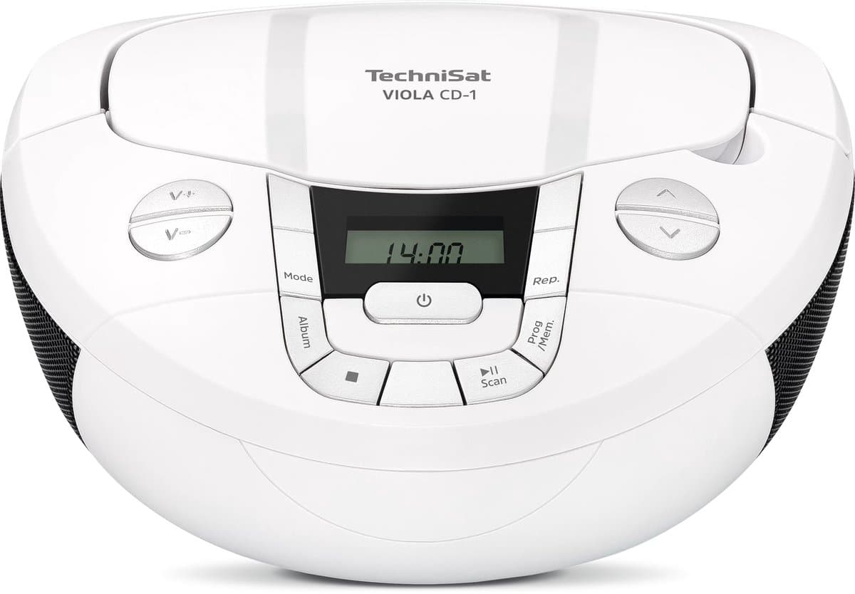 TechniSat VIOLA CD-1 - draagbare stereo cd-speler, boombox met praktische draaggreep (radio voor kinderen, FM-radiotuner, bluetooth-ontvangst, 2 x 1 W RMS-vermogen, net- en batterijvoeding) wit — afbeelding 1