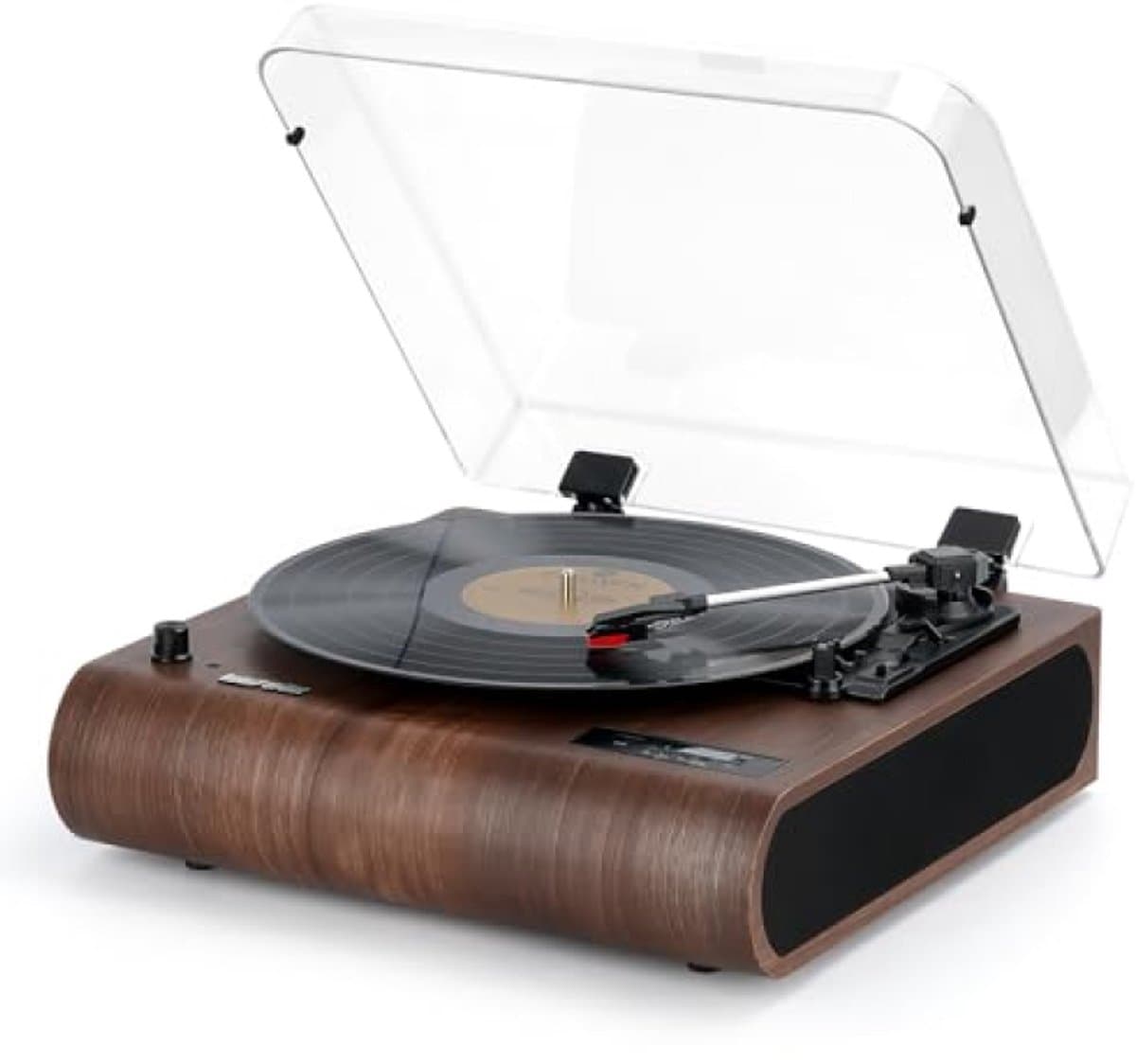 Platenspeler 3-snelheden Bluetooth draaitafel met ingebouwde luidsprekers, FM-radio, vinyl naar MP3-codering, USB/SD, LED-scherm, houten retro LP-speler, bruin — afbeelding 1