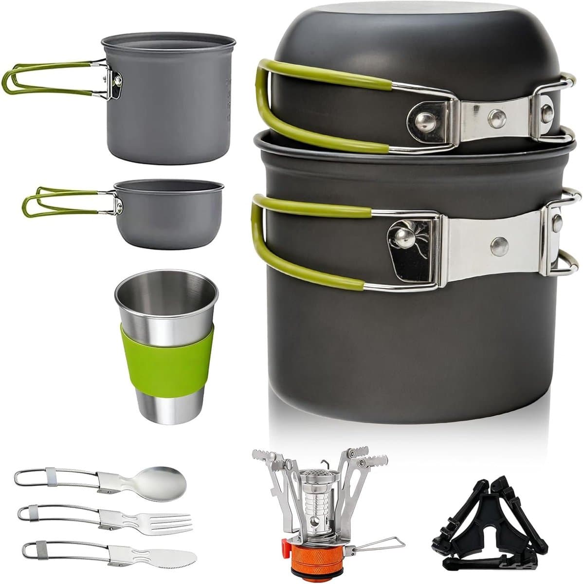 Complete Camping Servies Set, 10-delige Kookset van Aluminium, Draagbare Buitenkeuken, Opvouwbaar Bestek en Mini Campingfornuis voor Hiking, Vissen en Picknicks — afbeelding 1
