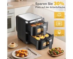 Airfryer – Heteluchtfriteuse – Dubbele Mand – Dubbele Lade – XXL Heteluchtoven – 11L Capaciteit – Verticaal Stapelbaar – PFAS-vrij – 2800W – 10 Kookprogramma’s – Sync & Match Functie