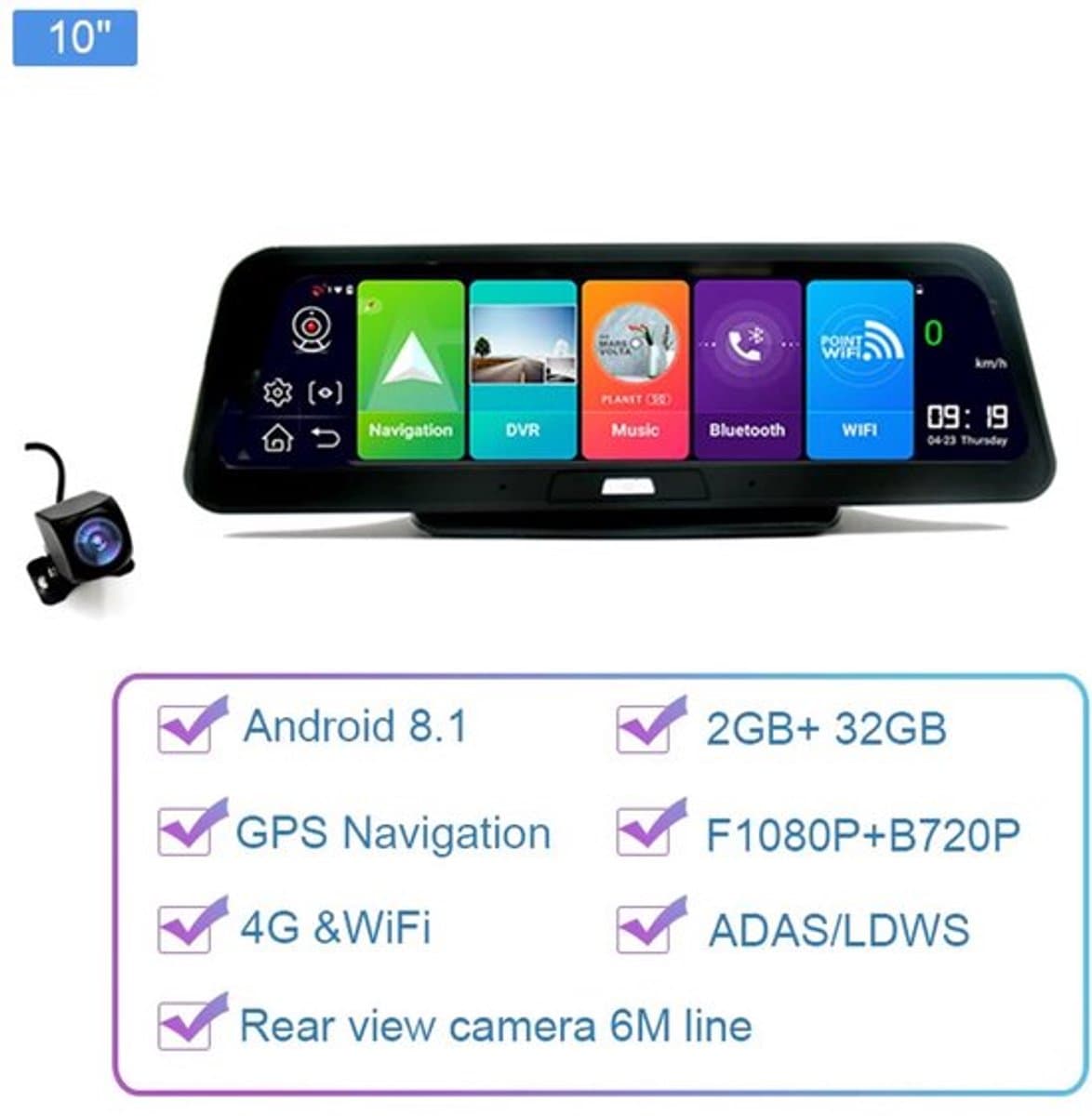 Dashcam voor Auto - 10" 4G Android 8.1 Dashcam - GPS Navigatie, Dual 1080P Camera - ADAS Rijhulp - Parkeermodus - Achteruitrijcamera - WiFi - Bluetooth - G-Sensor - Loop Recording - Zwart — afbeelding 1