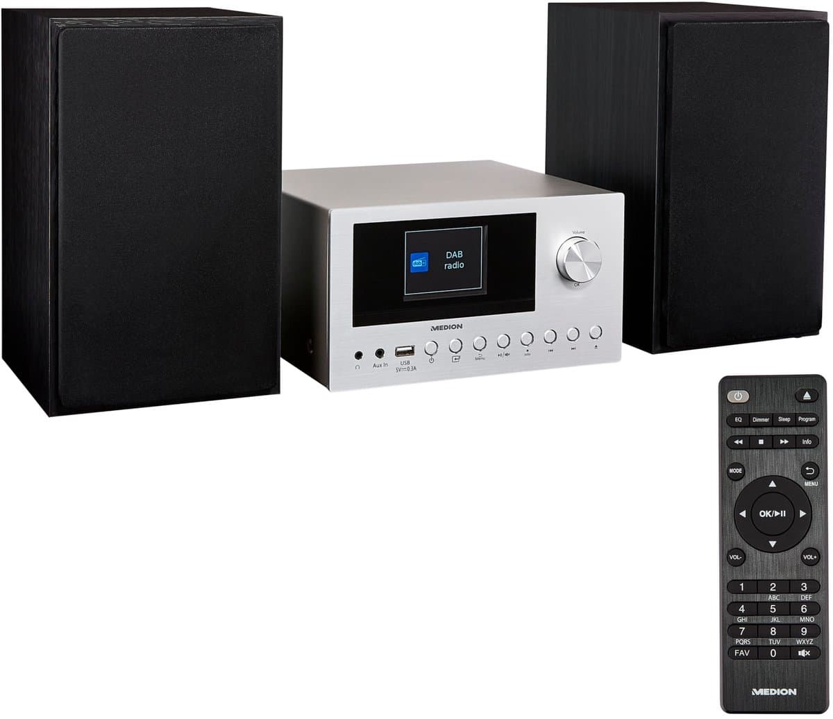 MEDION P85003 Micro audiosysteem (internetradio, DAB+, PLL FM-radio, Bluetooth, USB-aansluiting, AUX, 2x150 W) zilver — afbeelding 1