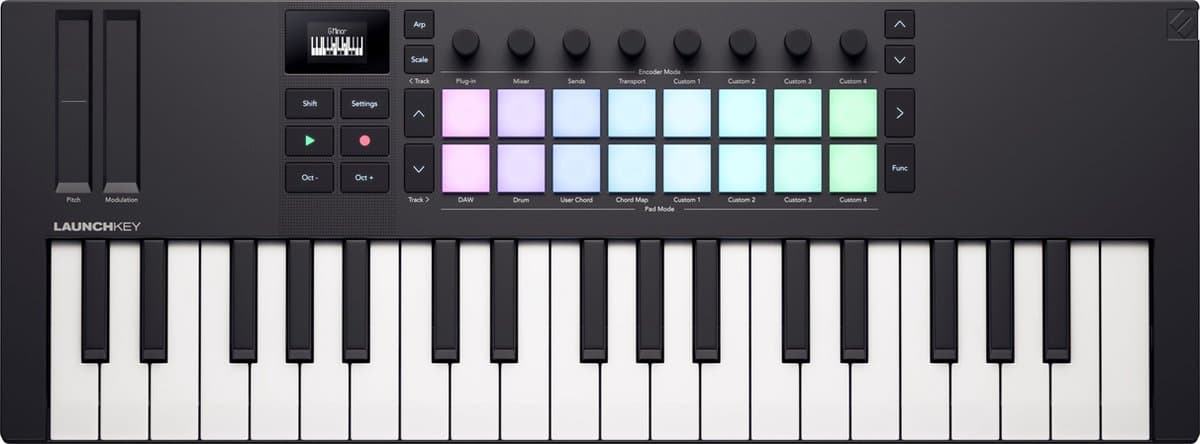 Novation Launchkey Mini 37 MK4 - Compacte MIDI Keyboard Controller - 37 Mini-Toetsen - 16 FSR Pads - OLED Display - USB-C — afbeelding 1
