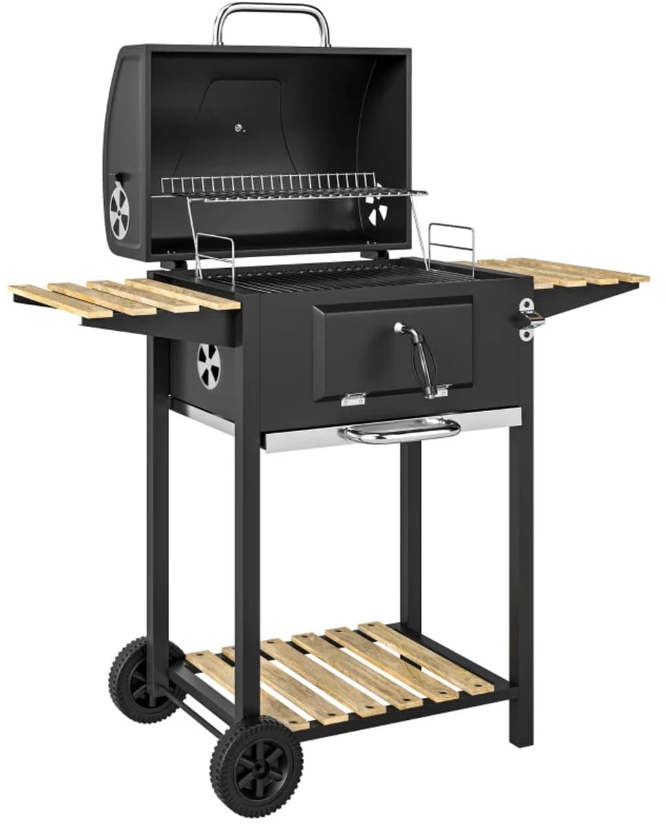 Premie Houtskool Barbecue - Smoker Barbecue - Barbecuegrill - Grillwagen - in Hoogte Verstelbare Houtskoolbak - Houtskoolgrill met Deksel, Flesopener, Thermometer, Planken - Verplaatsbaar - BBQ voor buiten, tuin - Zwart — afbeelding 1