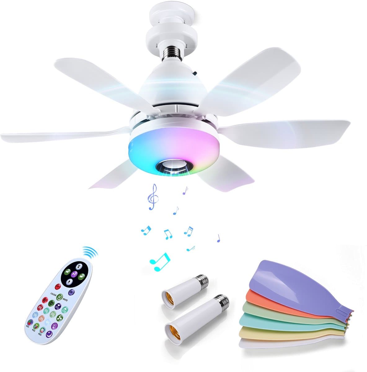 Plafondventilator met Lamp door MMOBIEL – LED Plafondventilator met Bluetooth Speaker, E27 Fitting, RGB Licht, Dimbaar 3000K-6500K, Muzieksync, 3 Snelheden, 2x6 Bladen, Afstandsbediening – Wit — afbeelding 1