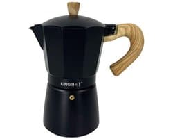 Kinghoff Aluminium Espressomaker KH-1886 – 6 Kopjes – Zwart Met Houten Handvat – Geschikt voor Inductie - 300ml - Percolator