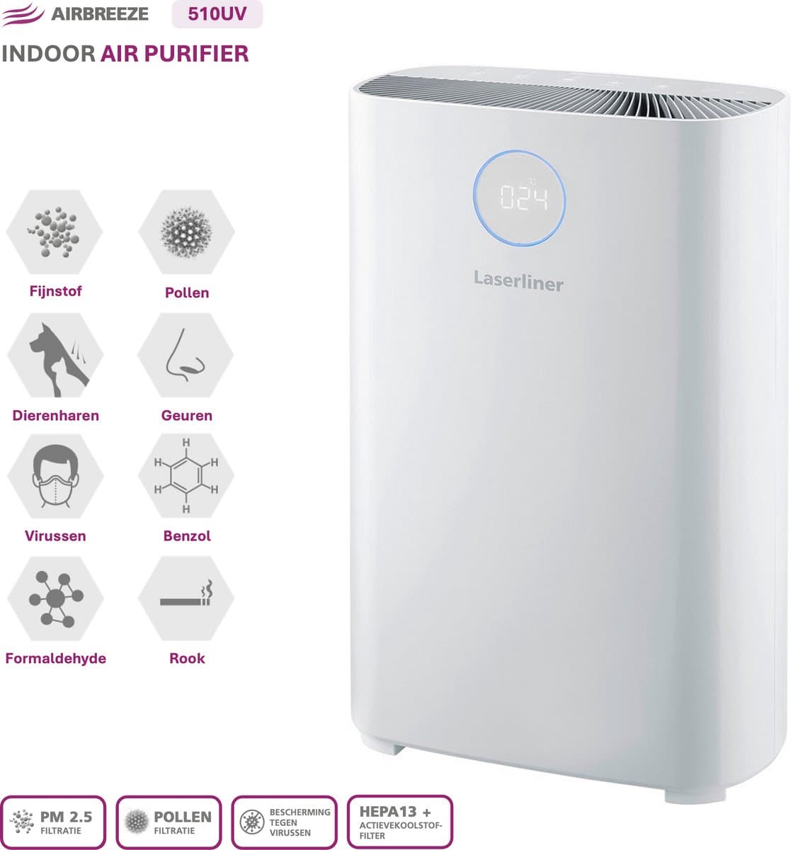 Laserliner AirBreeze 510UV - UV Luchtreiniger 510m³/h - HEPA 13 - Inactiveren virussen/ bacteriën - Fijnstof 99,997% - Bijzonder stil < 20 dB - Verduisterend display - Wit design — afbeelding 1