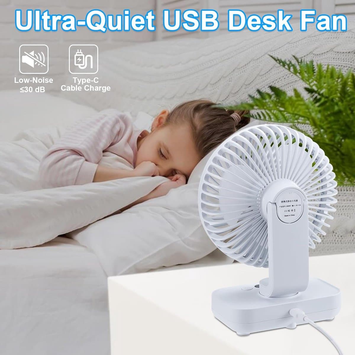 Stille USB Tafelventilator met Oplaadbare Batterij (4000mAh) en 360° Rotatie - Draagbare Mini Ventilator voor Bureau — afbeelding 1