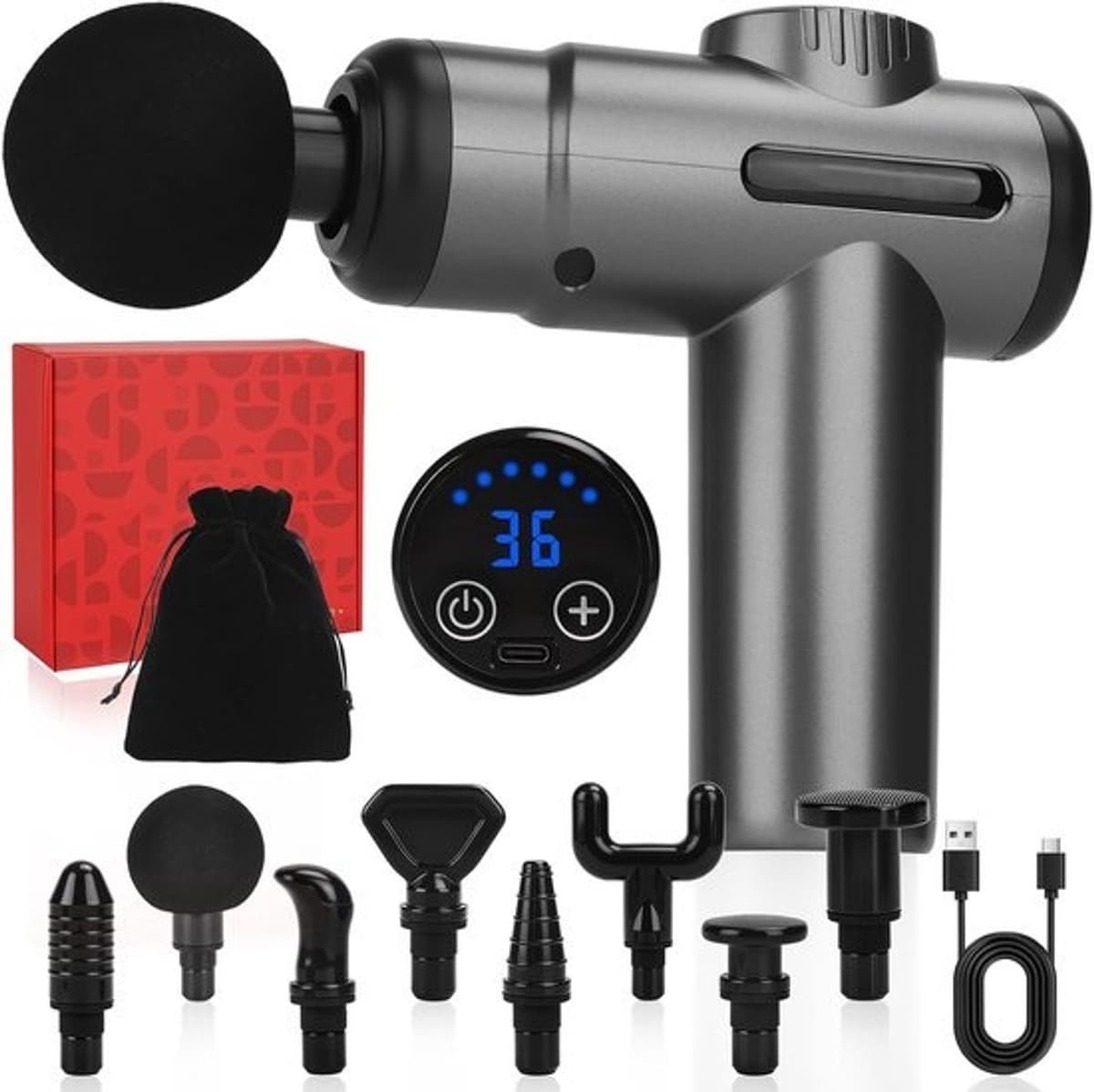Massagepistool - Spiermassager - Spierherstel - 8 massagekoppen 99 snelheden - 13mm diepte - Grijs — afbeelding 1