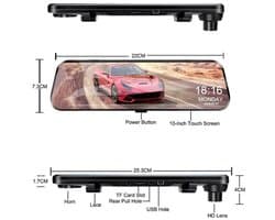 Dashcam voor Auto - 10 Inch Touchscreen Spiegelcamera - 1080P AHD Dashcam - Nachtzicht - Groothoek 170° - Parkeermodus - Inclusief 6M RCC BL - Zwart