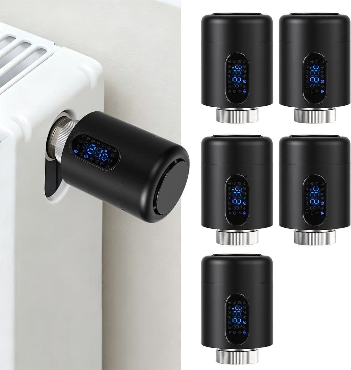 Radiator Thermostaat WiFi – Raamdetectie, Vorstbeveiliging en Kinderslot – Zwart – 5-pack — afbeelding 1