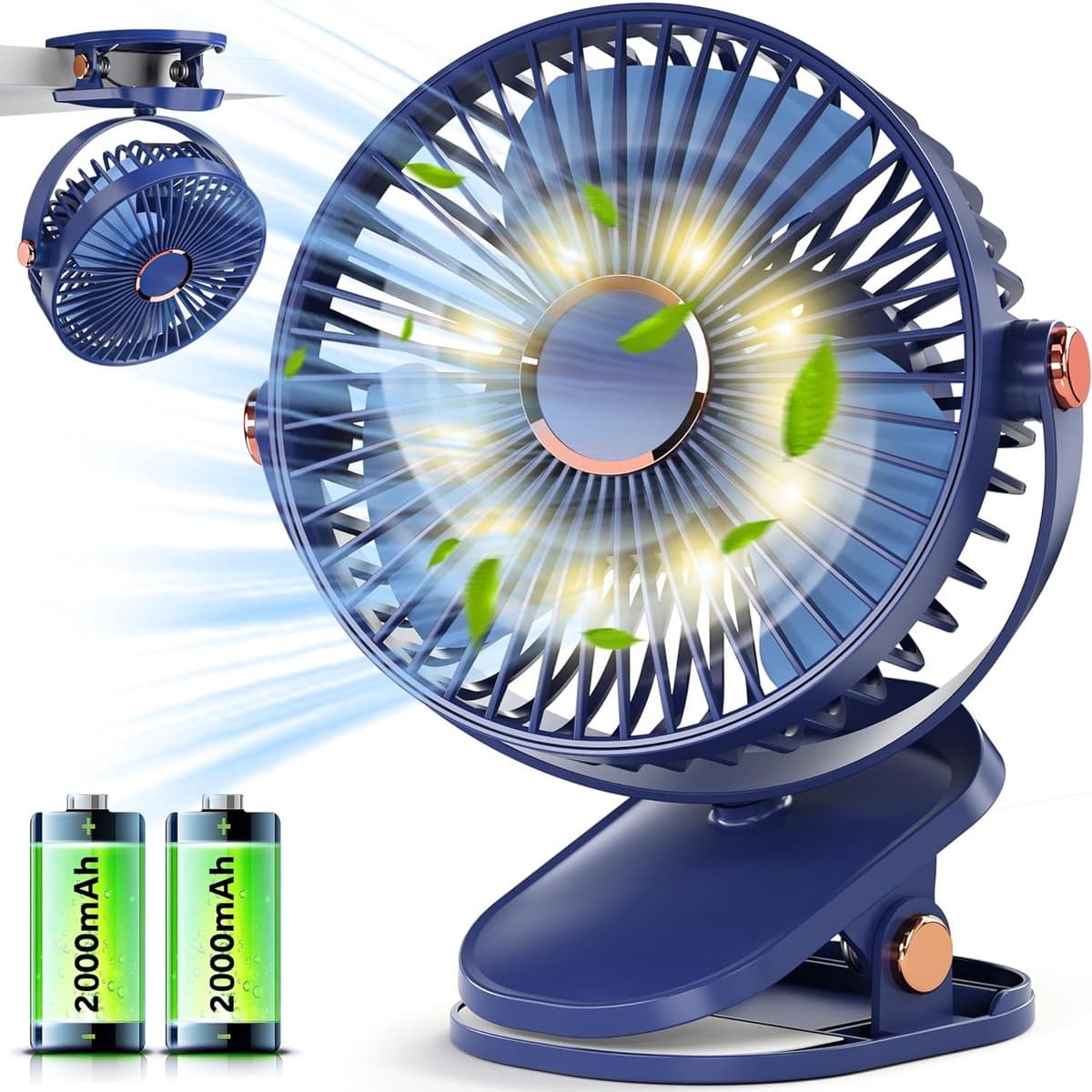 USB-ventilator - Kleine tafelventilator met LED, oplaadbare clipventilator van 4000 mAh, stille elektrische bureauventilator, batterijduur van meer dan 15 uur, draagbare ventilator op batterijen — afbeelding 1