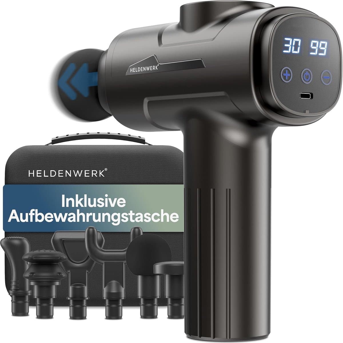 SnelShoppen - Massage Gun met 6 Massagekoppen en 30 Snelheden, USB-C Aansluiting en LCD Touchscreen, Spier Massager, Spier Gun (Grijs) — afbeelding 1