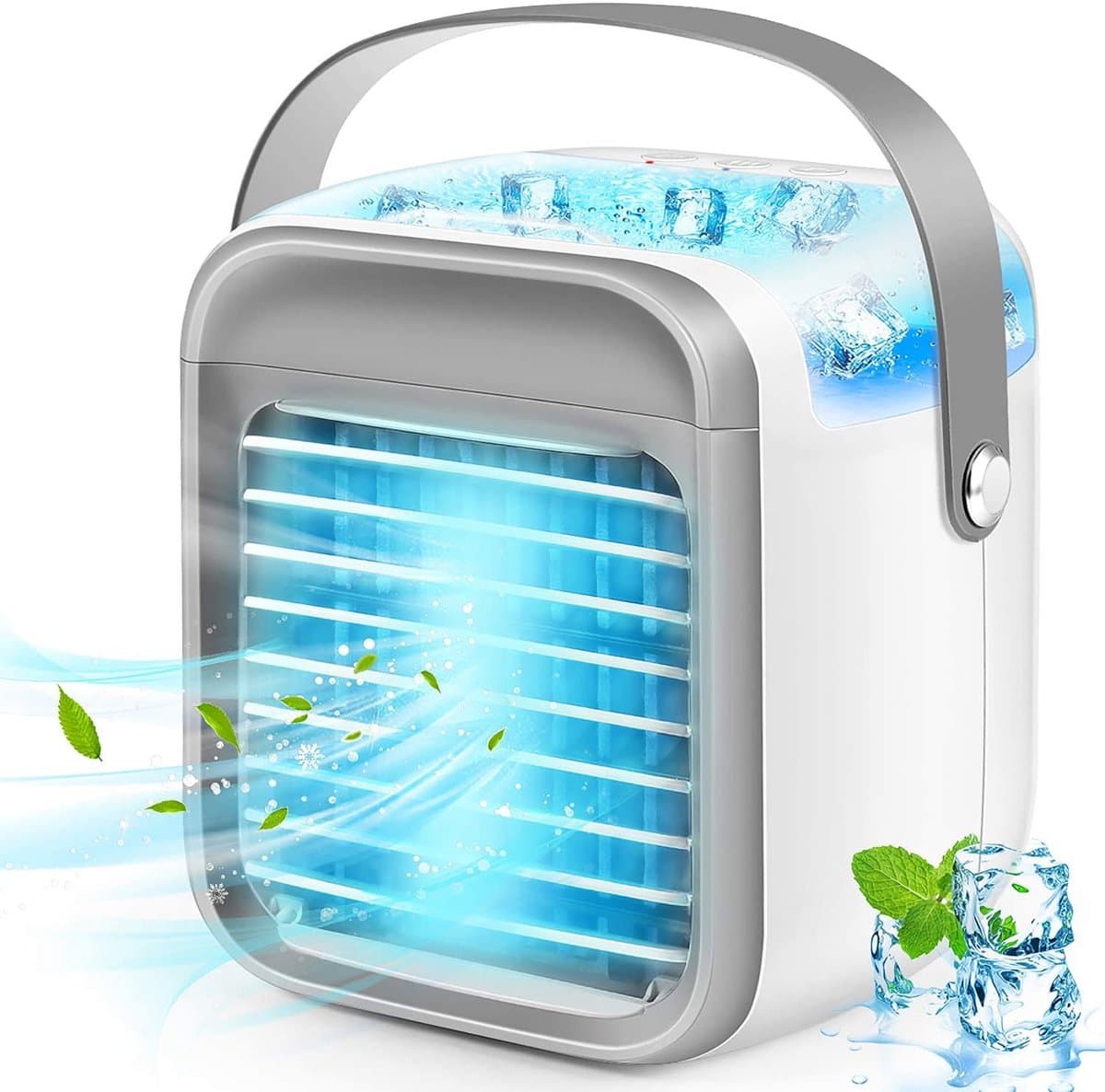 Draadloze draagbare mini-luchtkoelerventilator, multifunctionele persoonlijke USB 2000 MAh-luchtkoeler met 3 snelheden, 7 kleuren veranderende LED-nachtlampje-luchtbevochtiger met watertank, geschikt voor iedereen, inclusief peuters-grijs — afbeelding 1