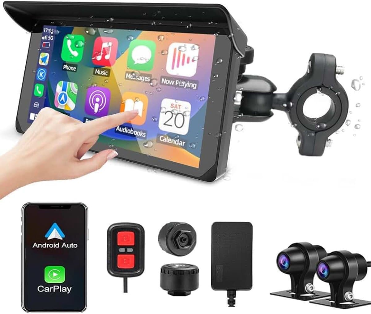 Motorfiets Carplay Scherm, Draadloos CarPlay & Android Auto Scherm, 5'' Waterdicht Touchscreen met 1080P Camera Voor en Achter, WiFi, GPS Navigatie, Bluetooth, TPMS, G-Sensor, Siri — afbeelding 1